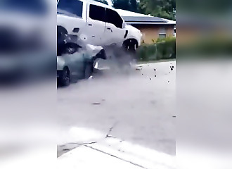 A stolen Mustang annihilates a van (also stolen) by colliding violently with it