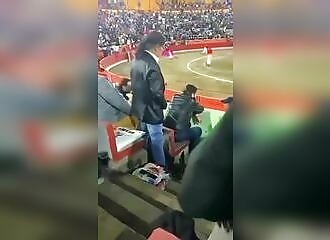 A man pees directly from his seat in the stands