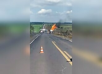 Spectacular explosion of a burning tanker truck